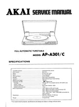 Load image into Gallery viewer, AKAI AP-A301 AP-A301C SERVICE MANUAL IN ENGLISH FULL AUTOMATIC TURNTABLE