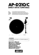 Load image into Gallery viewer, AKAI AP-D210 AP-D210C OPERATORS MANUAL MANUEL DE L'UTILISATEUR GEBRUIKSAANWIJZING BRUKSANVISNING BEDIENUNGSANLEITUNG MANUAL DEL USUARIO ENG FRANC NL SW DE ESP DIRECT DRIVE TURNTABLE