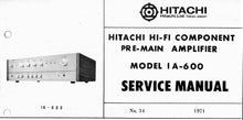 Load image into Gallery viewer, HITACHI IA-600 SERVICE MANUAL PRE MAIN AMPLIFIER