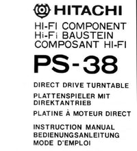 Load image into Gallery viewer, HITACH PS-38 INSTRUCTION MANUAL DIRECT DRIVE TURNTABLE