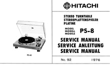 Load image into Gallery viewer, HITACHI PS-8 SERVICE MANUAL BELT DRIVE STEREO TURNTABLE