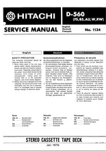 Load image into Gallery viewer, HITACHI D-560 SERVICE MANUAL IN ENGLISH DEUTSCH FRANCAIS STEREO CASSETTE TAPE DECK