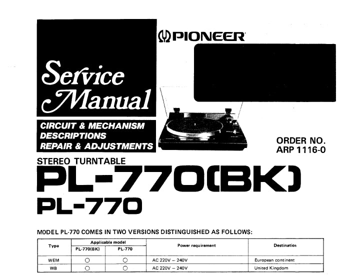 PIONEER PL-770 SERVICE MANUAL ENGLISH STEREO TURNTABLE