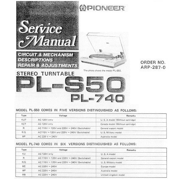 PIONEER PL-S50 PL-740 SERVICE MANUAL ENGLISH STEREO TURNTABLE