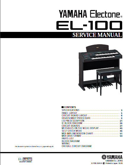 YAMAHA EL-100 SERVICE MANUAL BOOK IN ENGLISH ELECTONE KEYBOARD – THE MANUAL  ARCHIVE