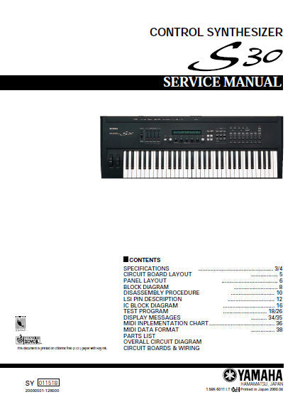 YAMAHA S30 SERVICE MANUAL BOOK IN ENGLISH CONTROL SYNTHESIZER