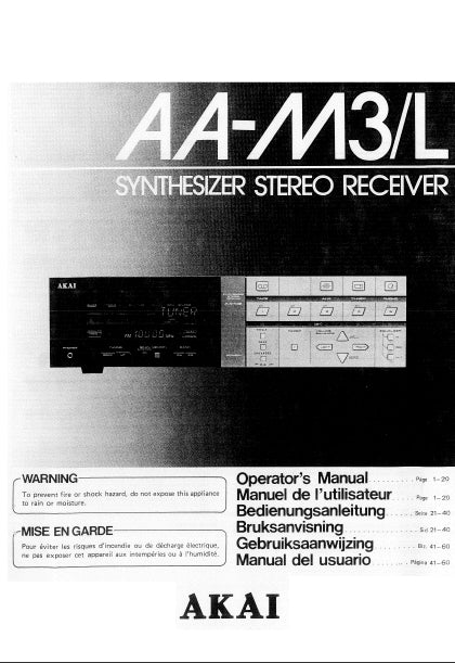AKAI AA-M3 AA-M3L OPERATORS MANUAL BOOK IN ENG FR NL SVENSKA DE ESP SYNTHESIZER STEREO RECEIVER