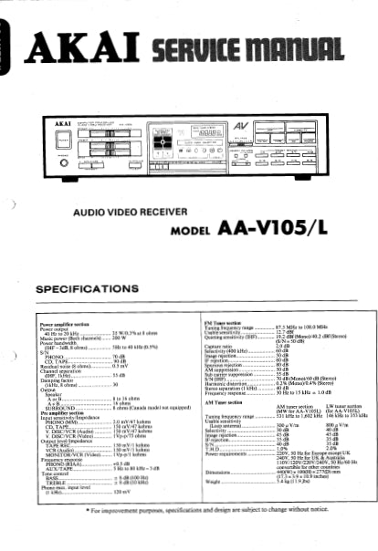 AKAI AA-V105 AA-V105L SERVICE MANUAL IN ENGLISH AUDIO VIDEO RECEIVER