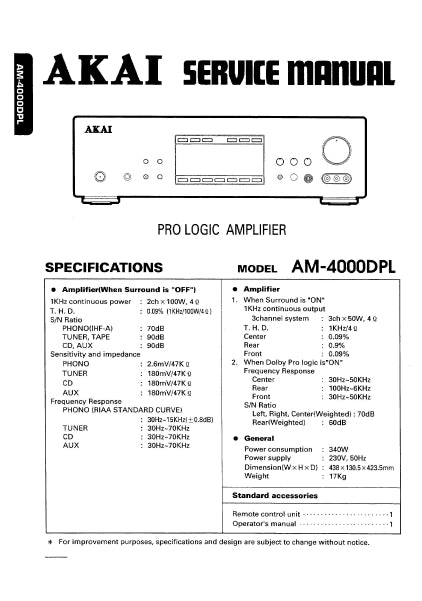 AKAI AM-4000DPL SERVICE MANUAL IN ENGLISH PRO LOGIC AMPLIFIER