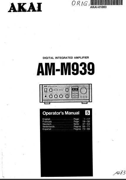 AKAI AM-M939 OPERATORS MANUAL INCLUDING CONNECTION DIAGRAMS AND TROUBLESHOOT GUIDE IN ENGLISH DIGITAL INTEGRATED AMPLIFIER