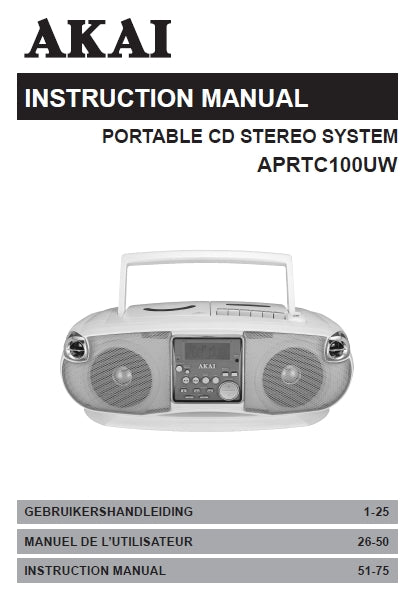 AKAI APRTC100UW INSTRUCTION MANUAL IN ENGLISH PORTABLE CD STEREO SYSTEM