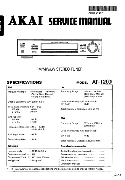 AKAI AT-1200 SERVICE MANUAL IN ENGLISH FM MW LW STEREO TUNER