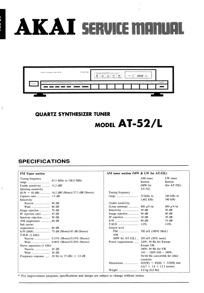 AKAI AT-52 AT-52L SERVICE MANUAL BOOK IN ENGLISH QUARTZ SYNTHESIZER TUNER