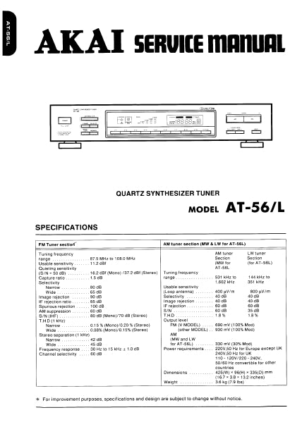 AKAI AT-56 AT-56L SERVICE MANUAL IN ENGLISH QUARTZ SYNTHESIZER TUNER