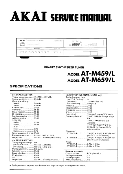 AKAI AT-M459 AT-M459L AT-M659 AT-M659L SERVICE MANUAL IN ENGLISH QUARTZ SYNTHESIZER TUNER