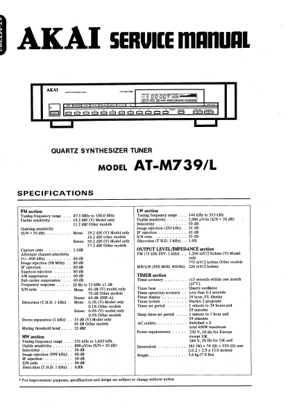AKAI AT-M739 AT-M739L SERVICE MANUAL IN ENGLISH QUARTZ SYNTHESIZER TUNER