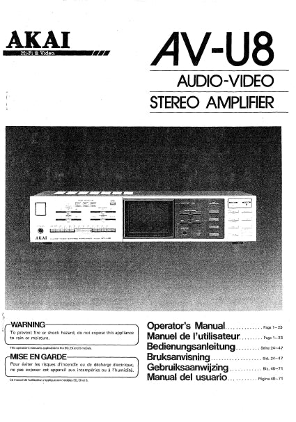 AKAI AV-U8 OPERATORS MANUAL BOOK IN ENG FR DE SVENSKA NL ESP AUDIO VIDEO STEREO AMPLIFIER