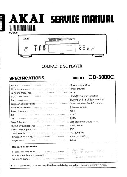 AKAI CD-3000C SERVICE MANUAL IN ENGLISH CD PLAYER