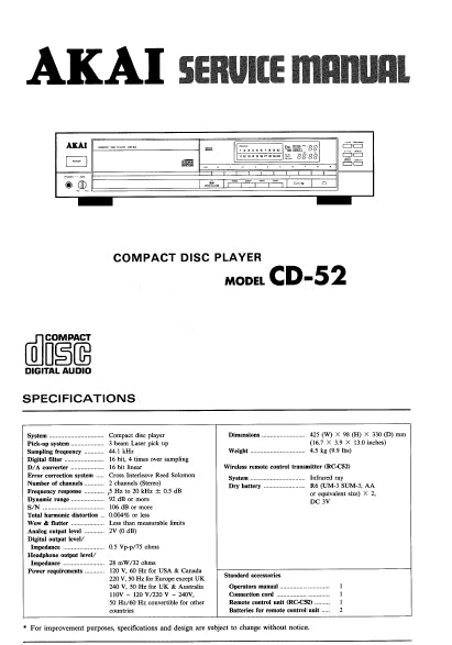AKAI CD-52 SERVICE MANUAL IN ENGLISH CD PLAYER