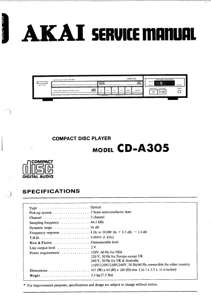 AKAI CD-A305 SERVICE MANUAL IN ENGLISH CD PLAYER – THE MANUAL ARCHIVE