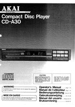 Load image into Gallery viewer, AKAI CD-A30 OPERATORS MANUAL MANUEL DE L&#39;UTILISATEUR BEDIENUNGSANLEITUNG GEBRUIKSAANWIJZING MANUAL DEL USUARIO BRUKSANVISNING ENG FRANC DEUT NL ESP SW CD PLAYER
