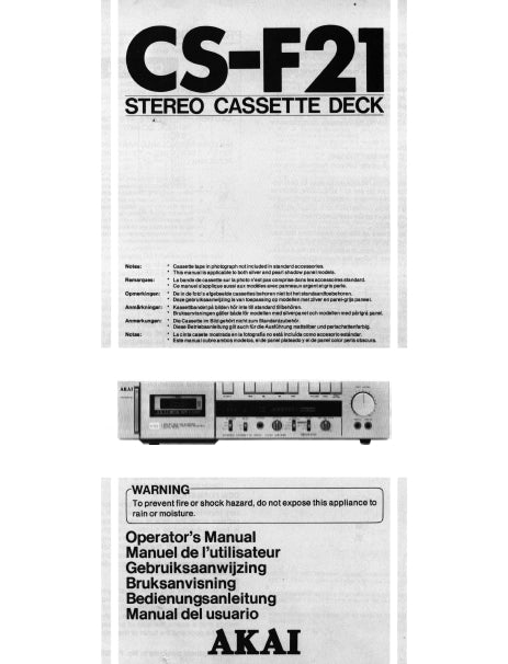 AKAI CS-F21 OPERATORS MANUAL BOOK IN ENG FR NL SVENSKA DE ESP STEREO CASSETTE DECK