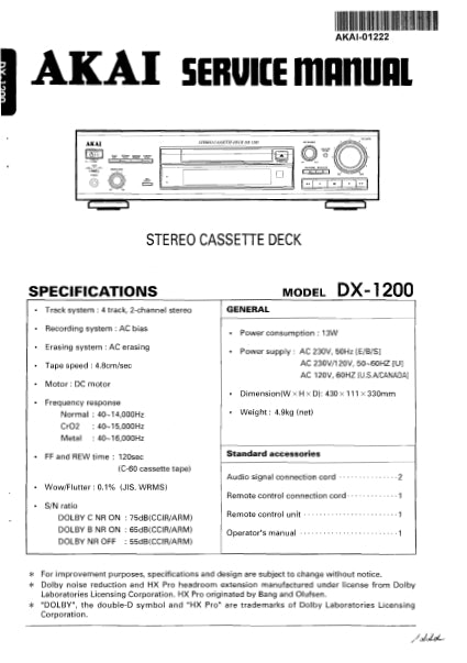 AKAI DX-1200 SERVICE MANUAL IN ENGLISH STEREO CASSETTE DECK