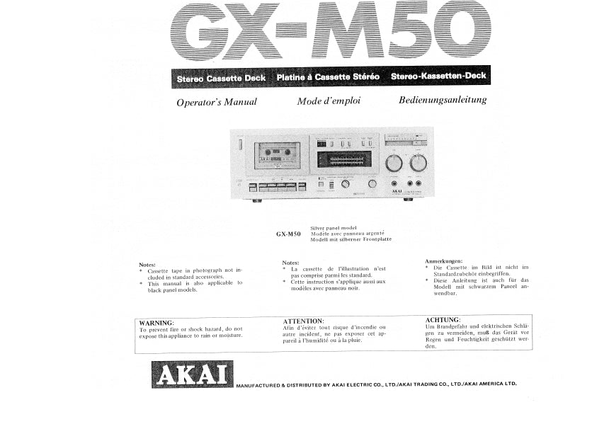 AKAI GX-M50 OPERATORS MANUAL MODE D'EMPLOI BEDIENUNGSANLEITUNG INC CONN DIAGS AND TROUBLESHOOT GUIDE ENG FRANC DEUT STEREO CASSETTE DECK