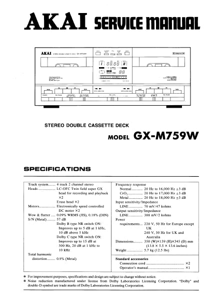 AKAI GX-M759W SERVICE MANUAL IN ENGLISH STEREO DOUBLE CASSETE DECK