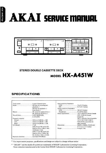 AKAI HX-A451W SERVICE MANUAL IN ENGLISH STEREO DOUBLE CASSETTE DECK