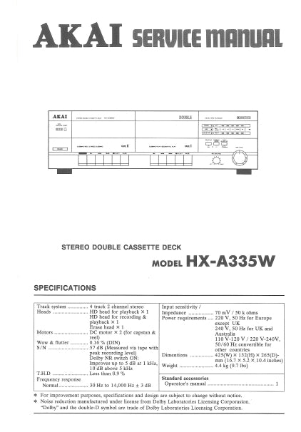 AKAI HX-A335W SERVICE MANUAL IN ENGLISH STEREO DOUBLE CASSETTE DECK