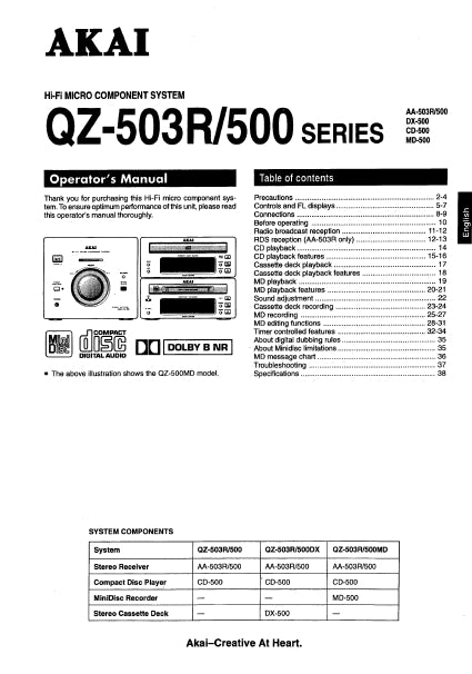 AKAI QZ-503R/500 SERIES OPERATORS MANUAL BOOK IN ENGLISH HIFI MICRO COMPONENT SYSTEM