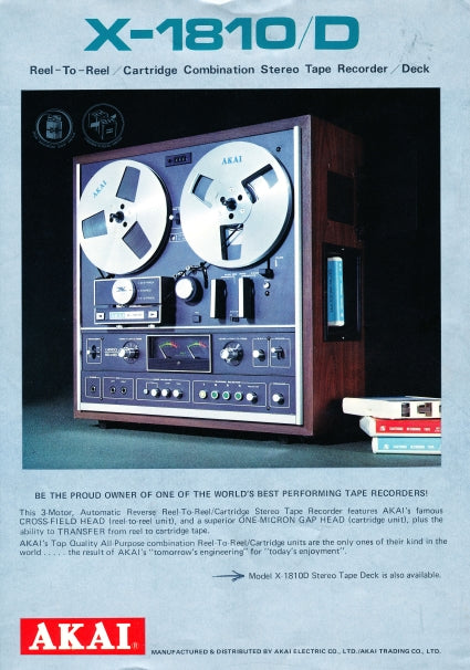 AKAI X-1810 X1810D CATALOG INCLUDING SPECIFICATIONS IN ENGLISH REEL TO REEL /CARTRIDGE COMBINATION STEREO TAPE RECORDER/DECK