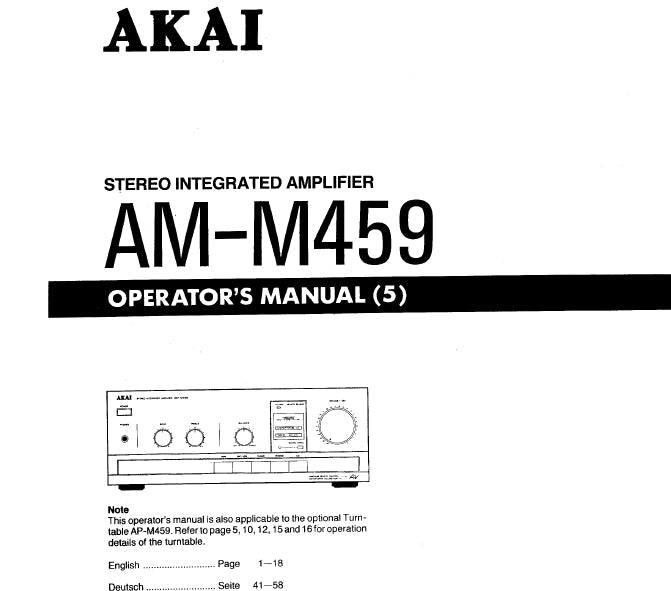 AKAI AM-M459 OPERATORS MANUAL BEDIENUNGSANLEITUNG ENG DEUT STEREO INTEGRATED AMPLIFIER