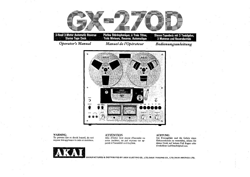 AKAI GX-270D OPERATORS MANUAL ENG FRANC DEUT STEREO TAPE DECK