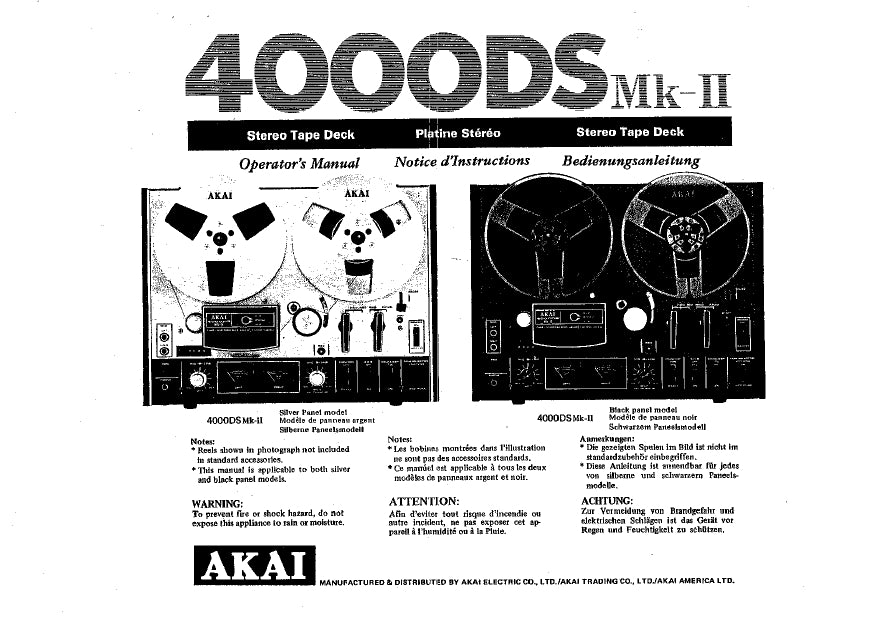 AKAI GX-4000DS MKII OPERATORS MANUAL ENG FRANC DEUT STEREO TAPE DECK