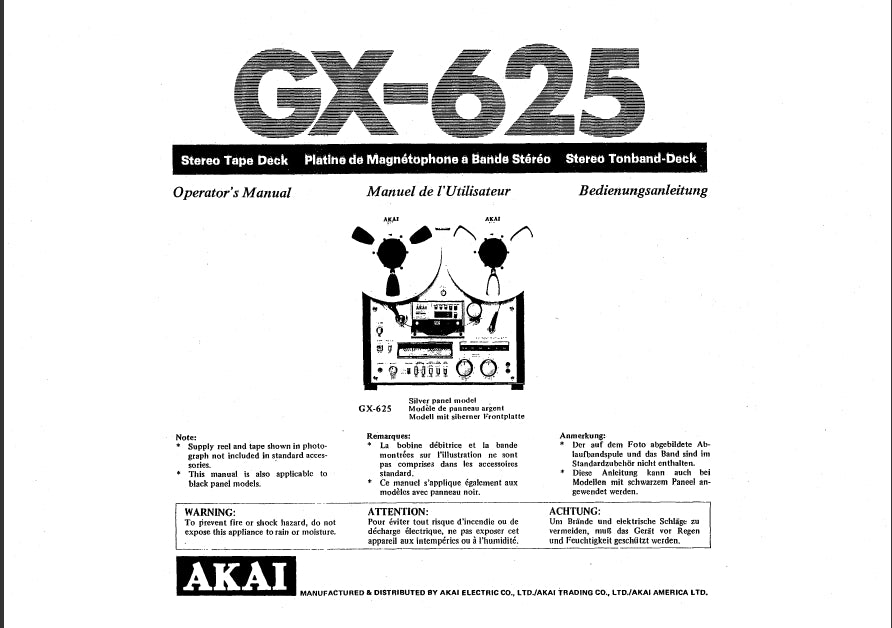 AKAI GX-625 OPERATORS MANUAL ENG FRANC DEUT STEREO TAPE DECK