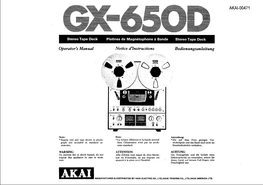 AKAI GX-650D OPERATORS MANUAL ENG FRANC DEUT STEREO TAPE DECK