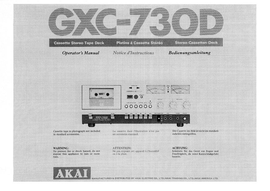 AKAI GXC-730D OPERATORS MANUAL NOTICE D'INSTRUCTIONS BEDIENUNGSANLEITUNG ENG FRANC DEUT STEREO CASSETTE TAPE DECK