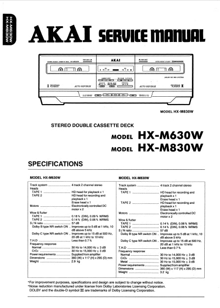AKAI HX-M630W HX-M830W SERVICE MANUAL IN ENGLISH STEREO DOUBLE CASSETTE DECK