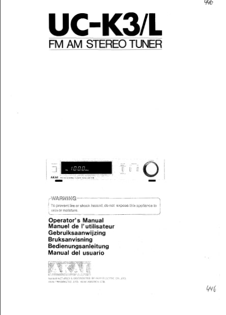 AKAI UC-K3 UC-K3L OPERATORS MANUAL BEDIENUNGSANLEITUNG ENGLISH DEUTSCH FM AM STEREO TUNER STEREO