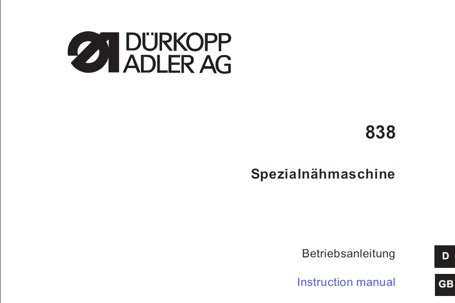 DURKOPP ADLER 838 INSTRUCTION MANUAL ENGLISH SEWING MACHINE