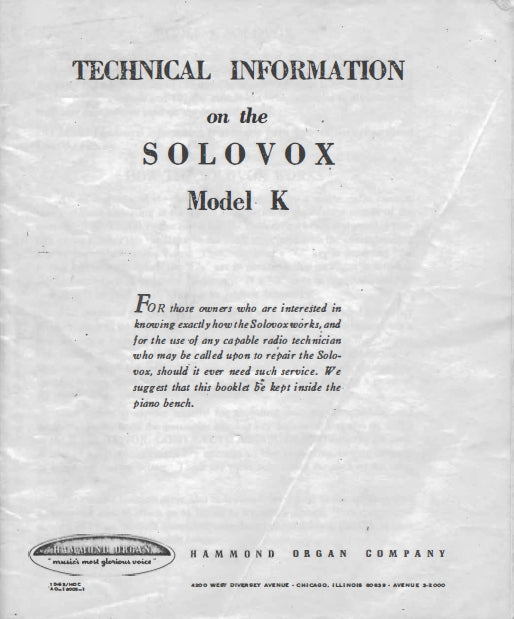 HAMMOND MODEL K SOLOVOX TECHNICAL INFORMATION IN ENGLISH ORGAN