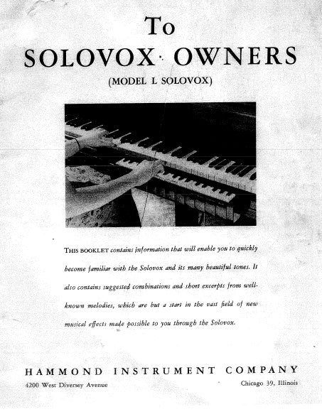 HAMMOND MODEL L SOLOVOX OWNERS MANUAL IN ENGLISH ORGAN