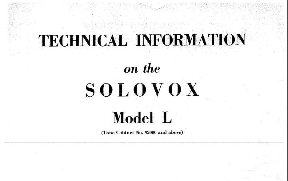 HAMMOND MODEL L SOLOVOX TECHNICAL INFORMATION IN ENGLISH ORGAN