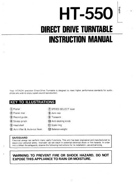 HITACHI HT-550 INSTRUCTION MANUAL DIRECT DRIVE TURNTABLE