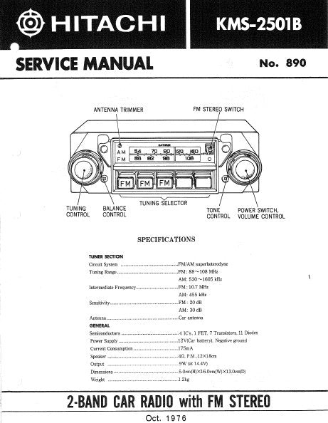 HITACHI KMS-2501B SERVICE MANUAL 2 BAND CAR RADIO WITH FM STEREO