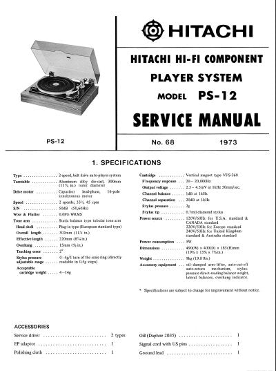 HITACHI PS-12 SERVICE MANUAL BELT DRIVE TURNTABLE