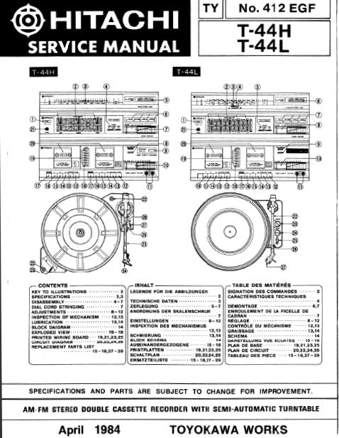 HITACHI T-44H T-44L SERVICE MANUAL AM FM STEREO DOUBLE CASSETTE RECORDER WITH SEMI AUTOMATIC TURNTABLE