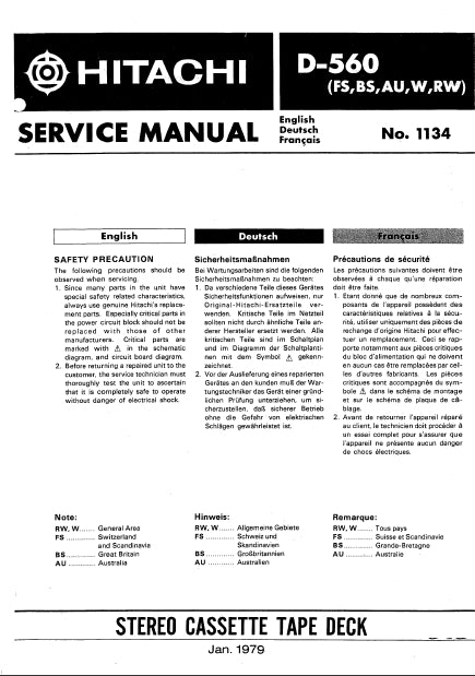 HITACHI D-560 SERVICE MANUAL IN ENGLISH DEUTSCH FRANCAIS STEREO CASSETTE TAPE DECK